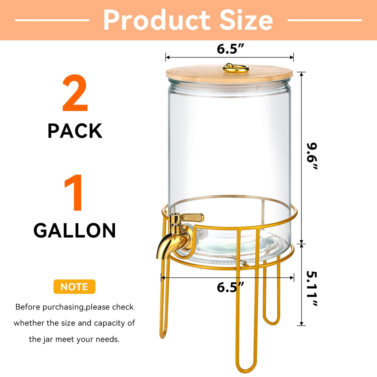 1 Gallon Glass Beverage Dispenser with Spigot, 2 Pack H969
