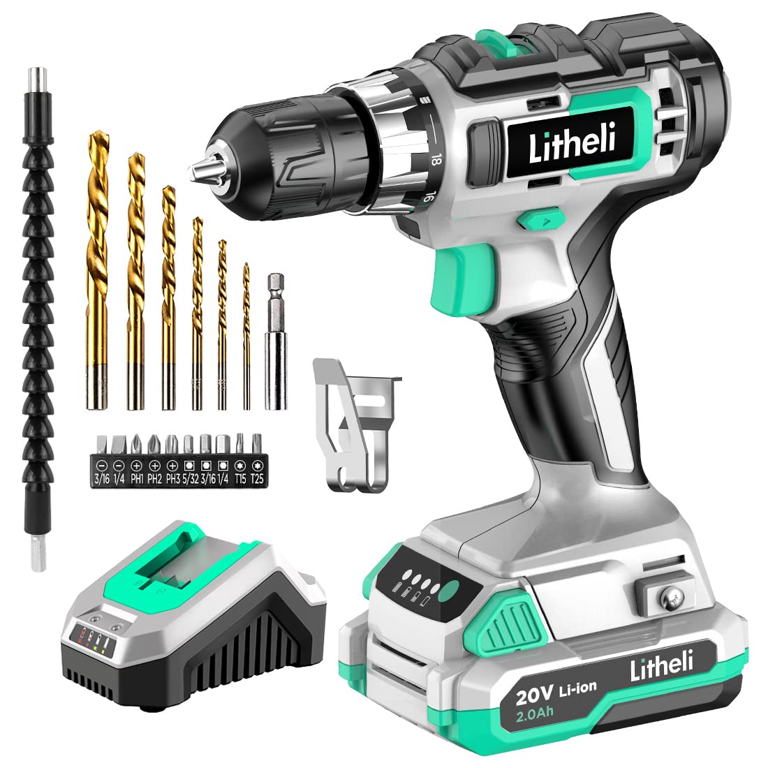Cordless Drill Set 20V Max 3/8" Keyless Chuck B7123