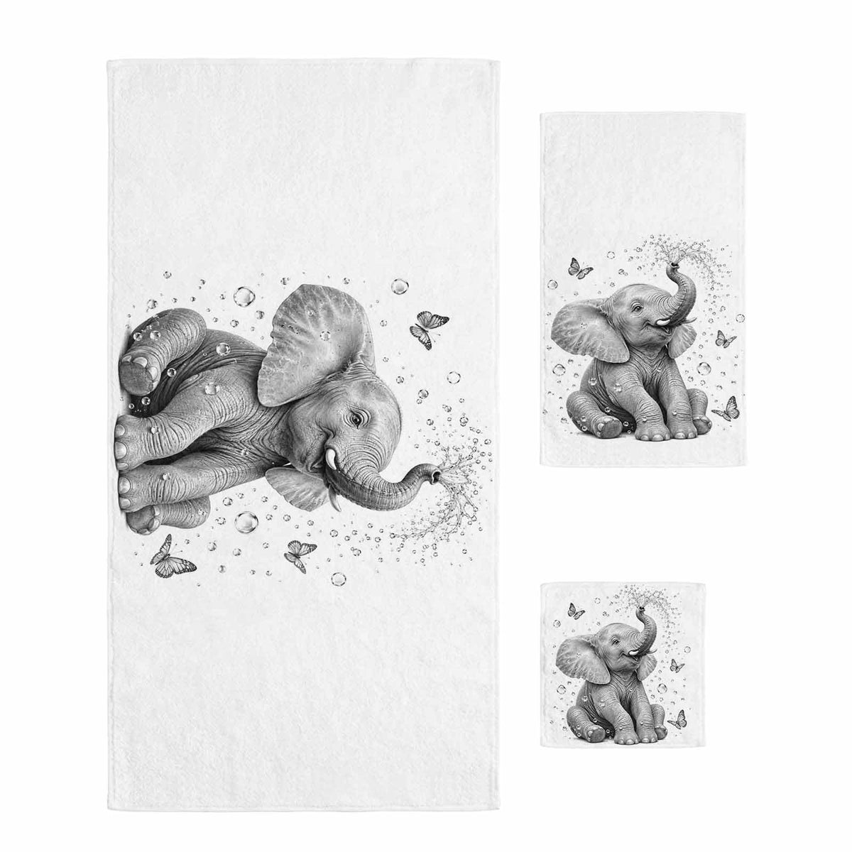 Gray Elephant Butterfly 3 Pack Cotton Bath Towel Set C8159