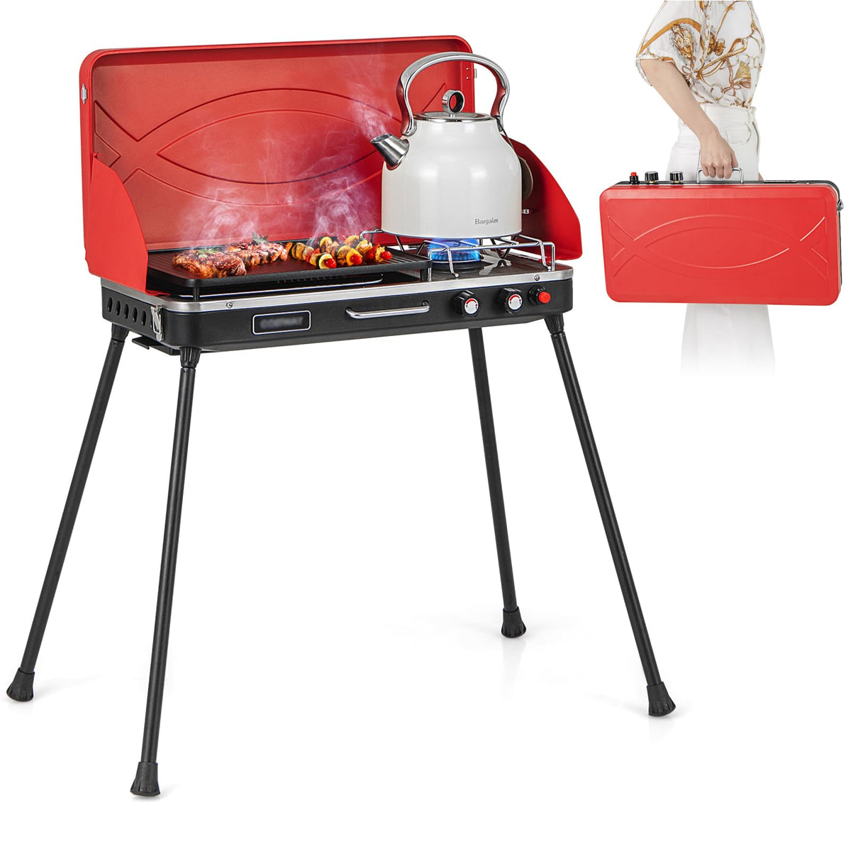2-Burner Camping Stove with Removable Leg Stand F761366