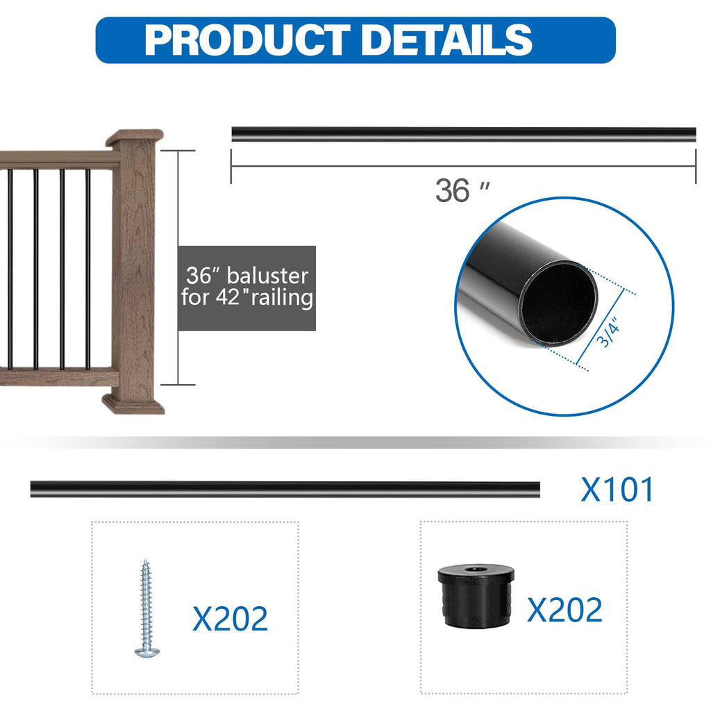 101 Pack 36" Round Black Aluminum Deck Balusters W33872