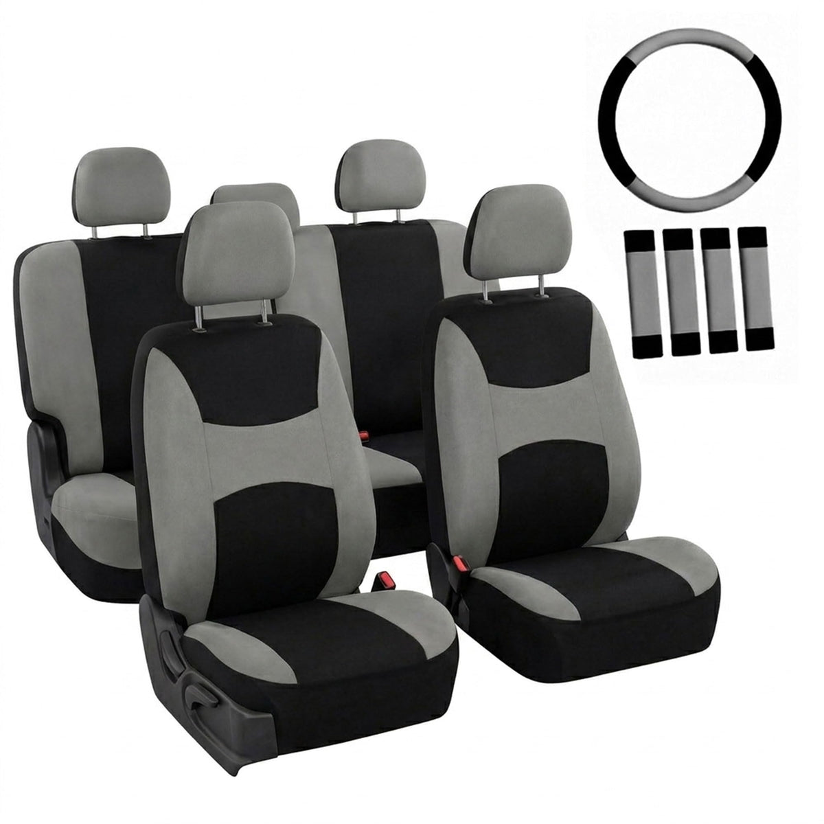 Gray Black Universal Fit Automotive Seat Covers Combo Set with Steering Wheel Cover and Seat Belt Pad O844224
