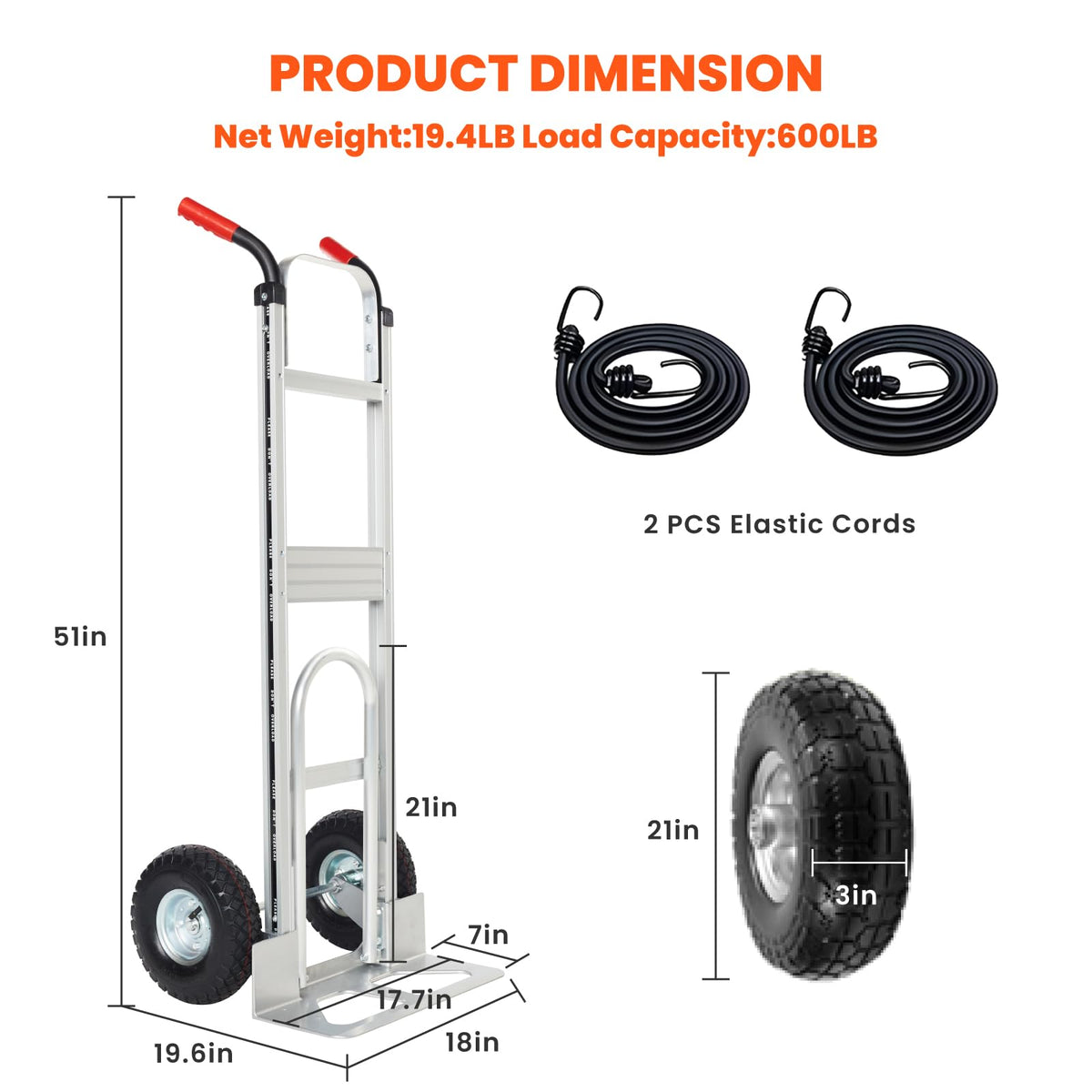 Aluminum Hand Truck Dolly Cart with 10" Pneumatic Tire, 600 LBS Capacity B9384