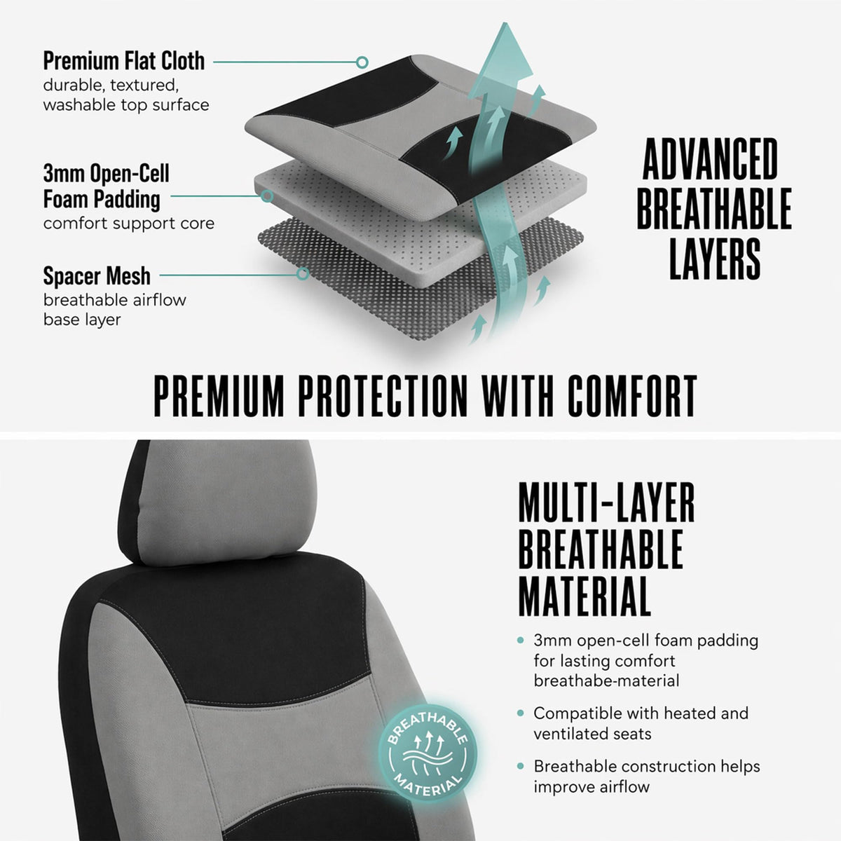 Gray Black Universal Fit Automotive Seat Covers Combo Set with Steering Wheel Cover and Seat Belt Pad O844224