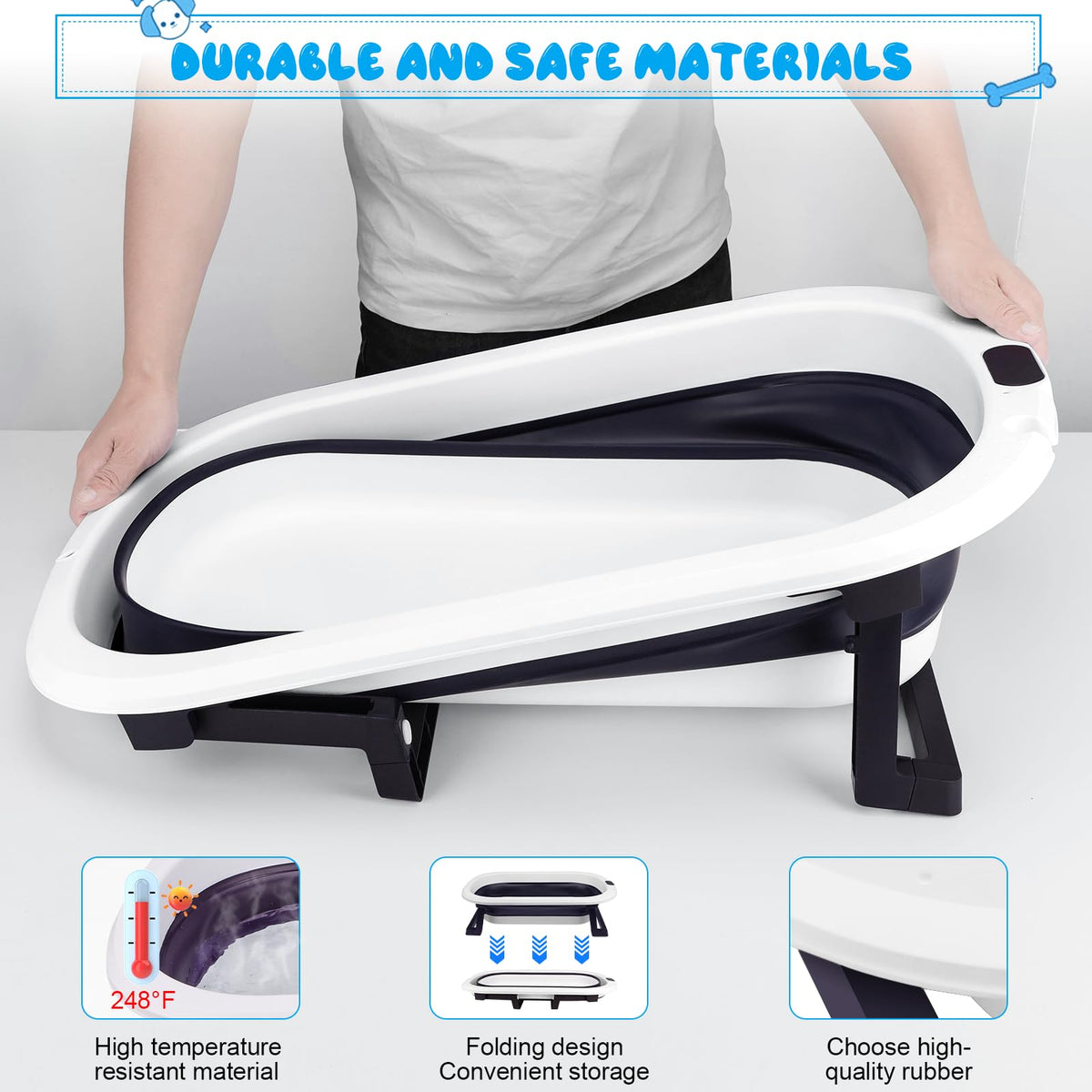 Collapsible Pet Bathtub with Water Drain Plug and Grooming Brush V573