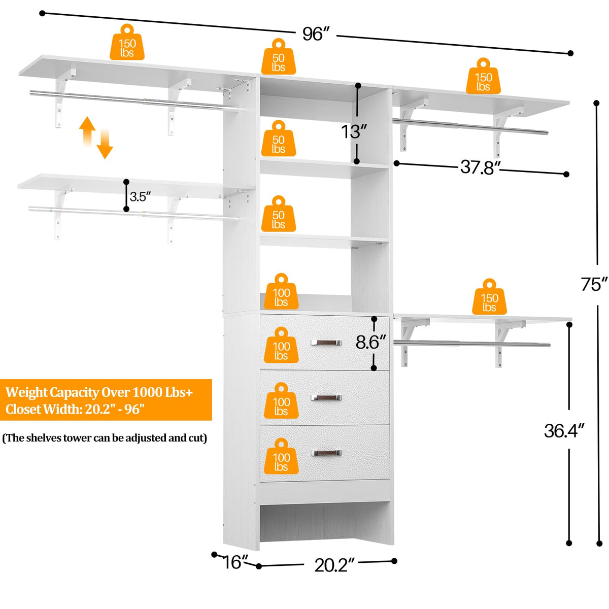 8FT White Wood Closet Organizer System with Drawer N564338