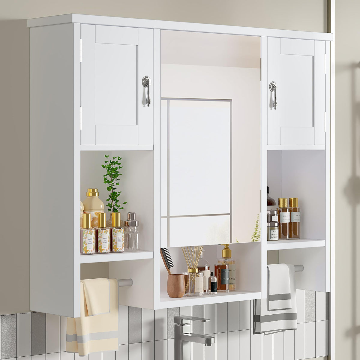 Large White Wall Mounted Bathroom Cabinet with Mirror S6436