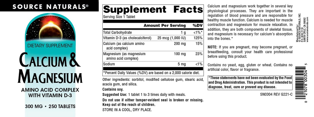 Calcium & Magnesium 300 MG 250 Tablets C836