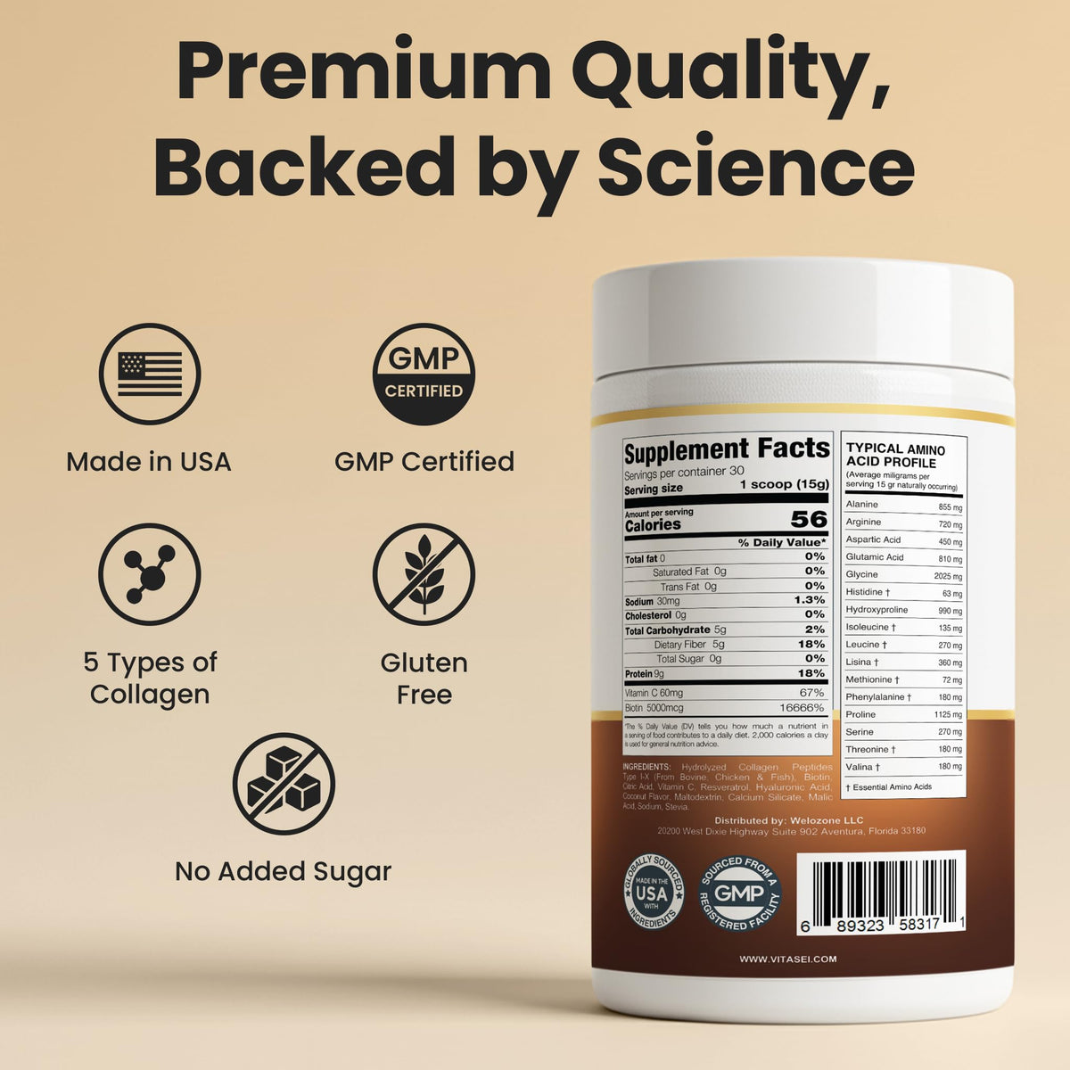 Hydrolyzed Collagen Peptide Powder Drink Chocolate Flavored 16oz V636