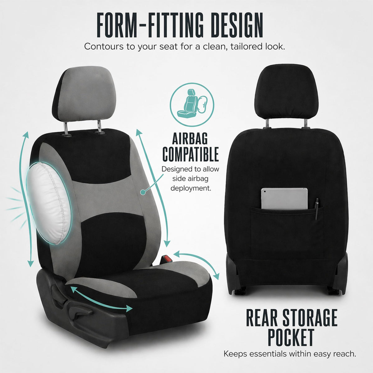 Gray Black Universal Fit Automotive Seat Covers Combo Set with Steering Wheel Cover and Seat Belt Pad O844224