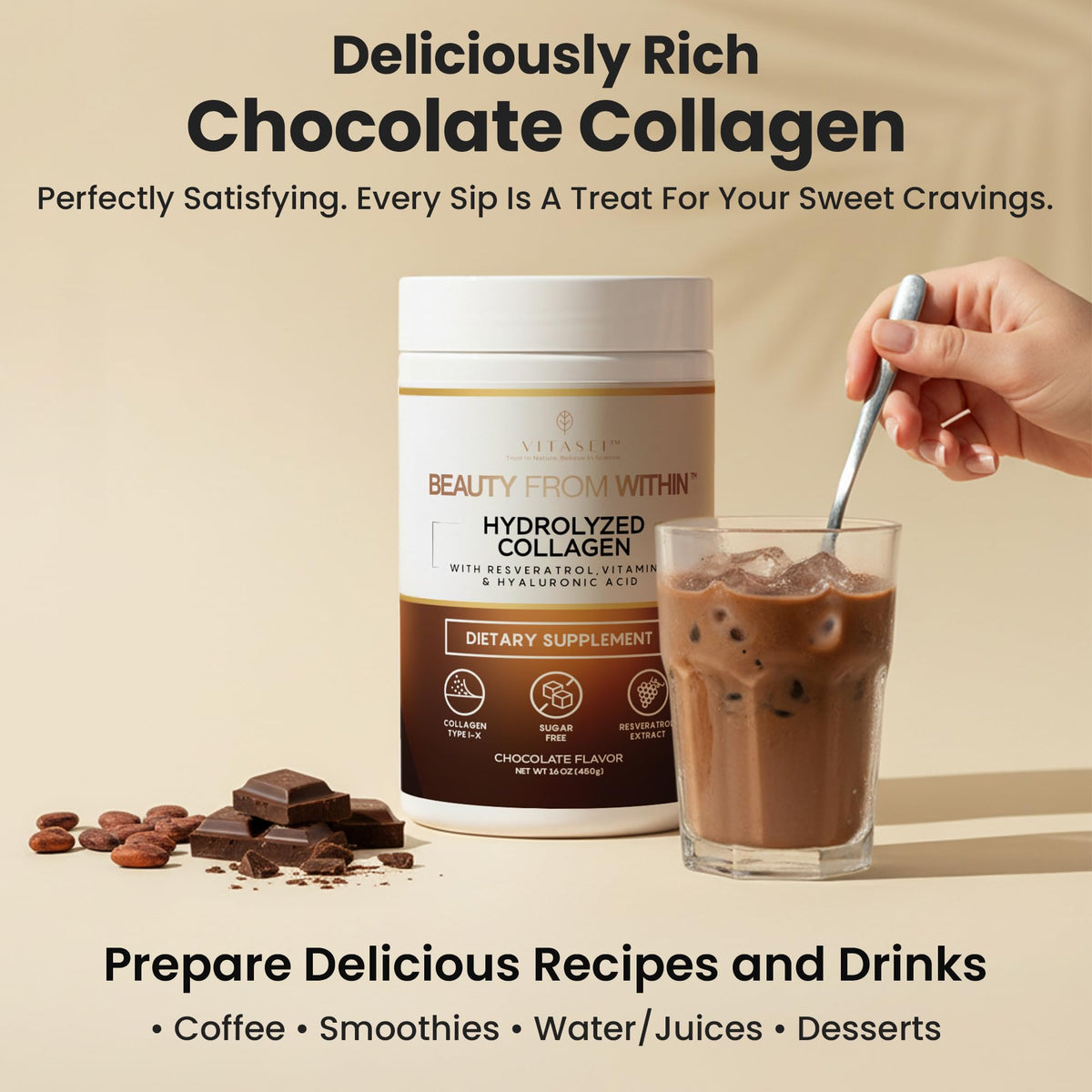 Hydrolyzed Collagen Peptide Powder Drink Chocolate Flavored 16oz V636