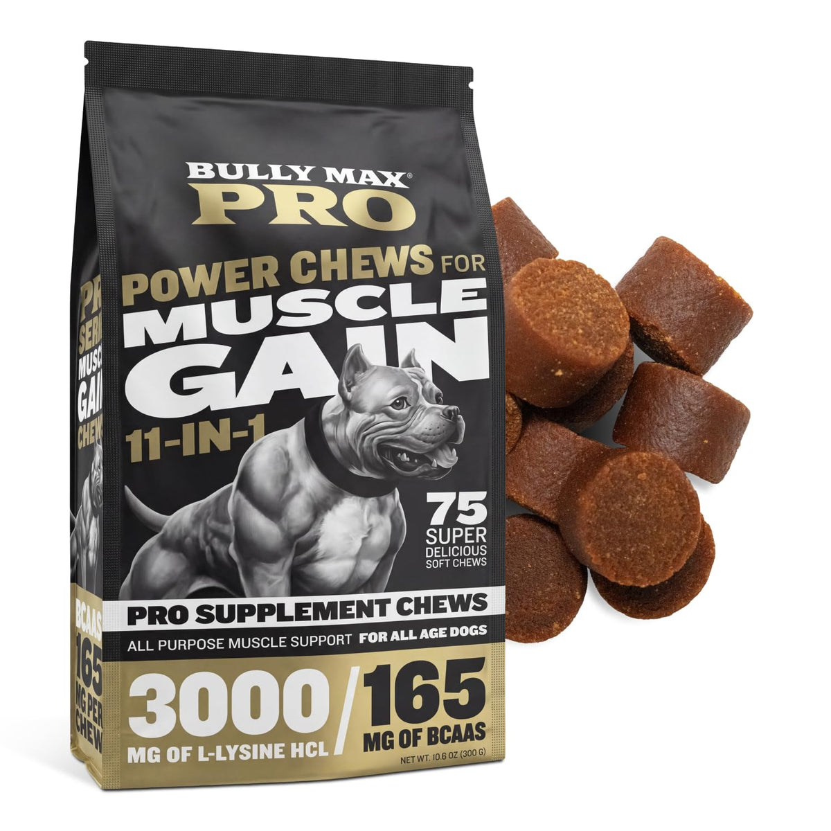 11-in-1 Dog Muscle Builder Power Chews - High Protein Supplement with Amino Acids - 75 Soft Chews O694957