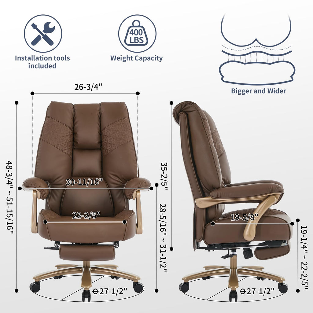 Big and Tall Ergonomic Office Chair with Footrest, 400LBS Capacity Brown PU Leather Z661