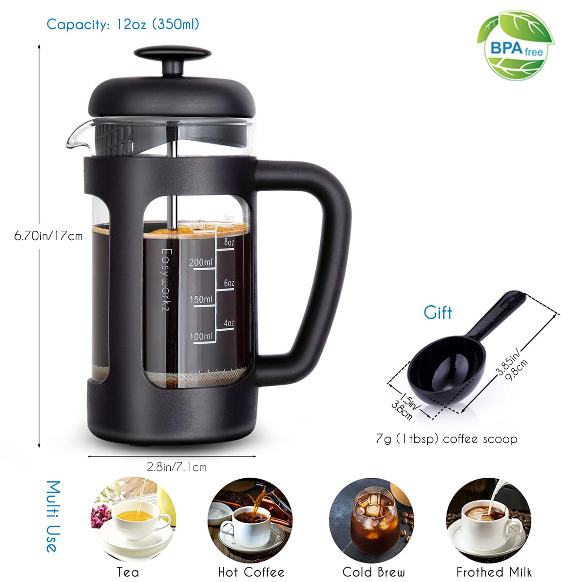 French Press 12 oz, Stainless Steel Espresso Cup 2pcs Set Double Wall Insulated 5 oz D220454