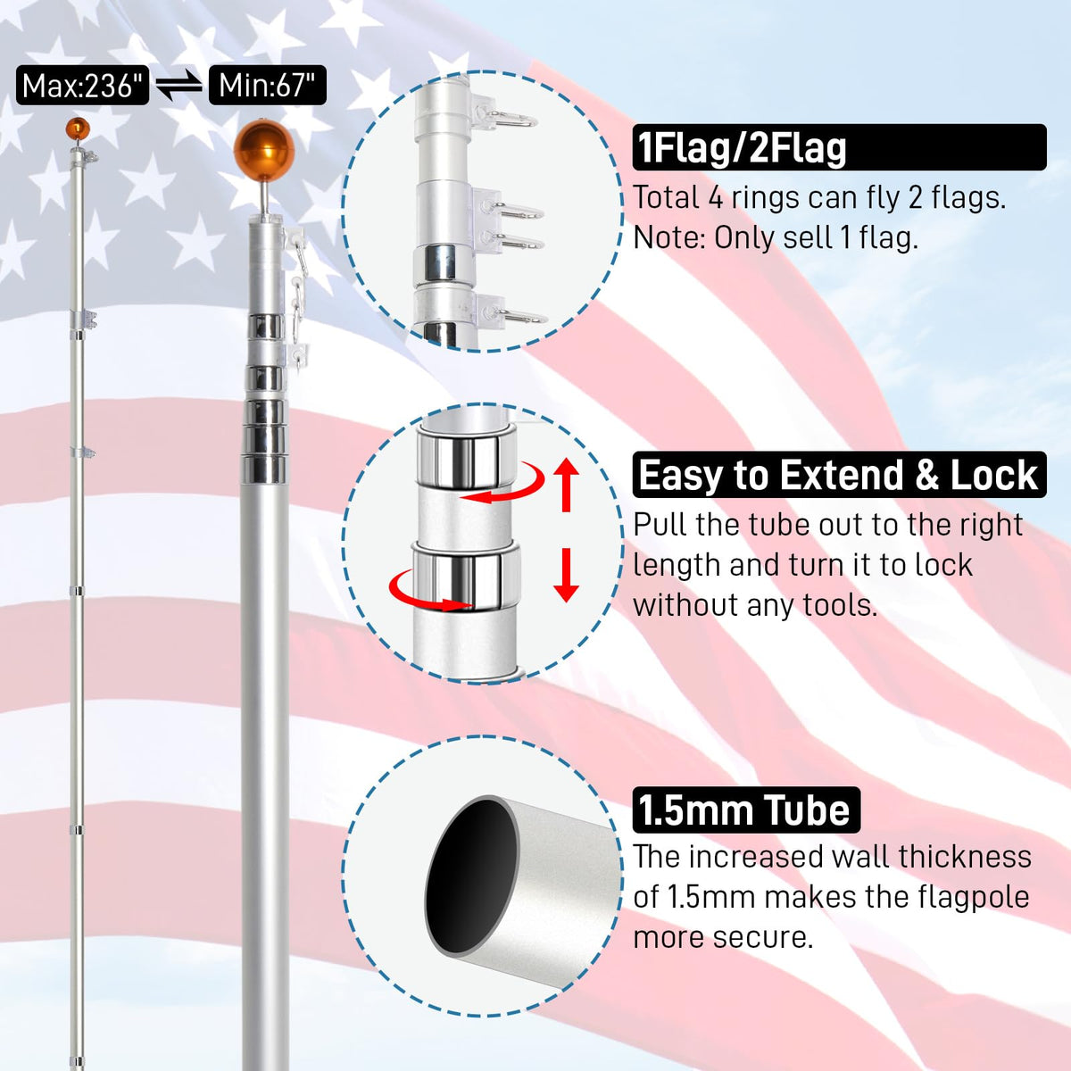 20FT Sectional Heavy Duty Aluminum Flag Pole Kit with 3x5 ft American Flag R748836