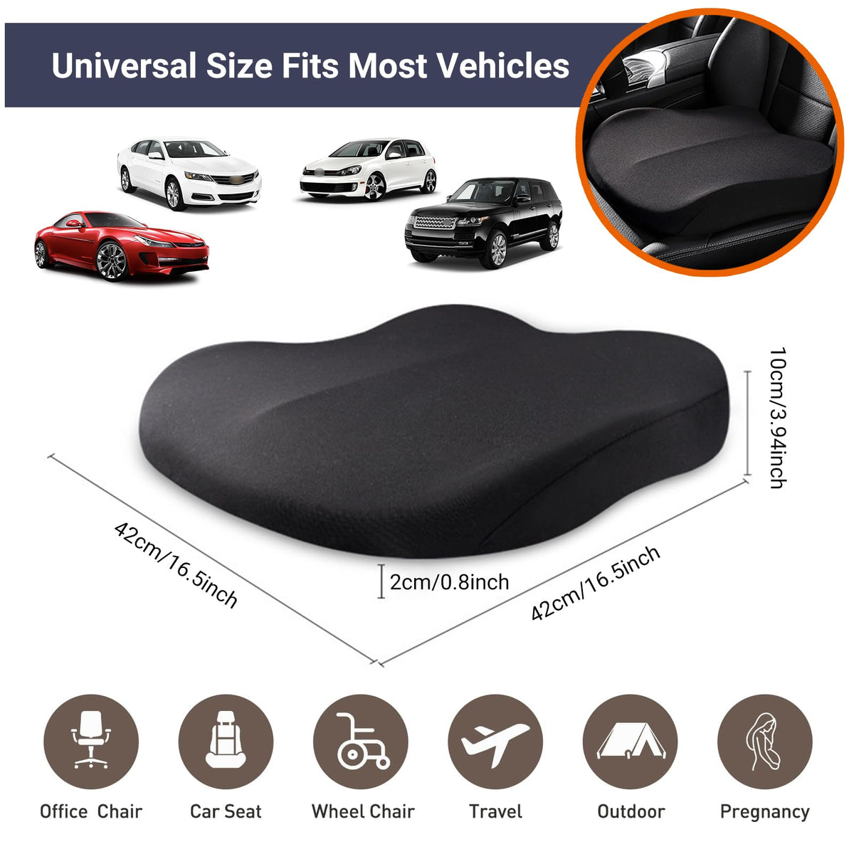 Black Memory Foam Car Seat Cushion J64737