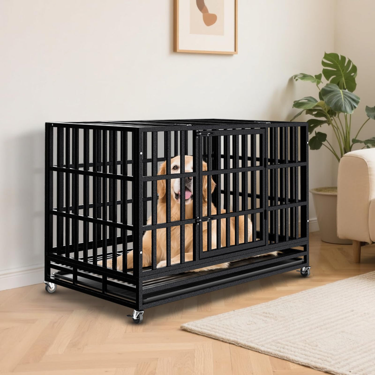 48 Inch Heavy Duty Dog Crate Kennel with Wheels N654492