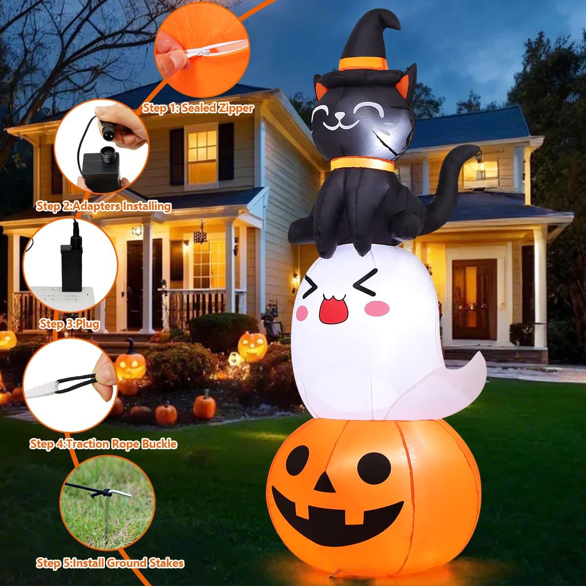 6 FT Halloween Inflatables Pumpkin Ghost Cat Outdoor Decorations P91482