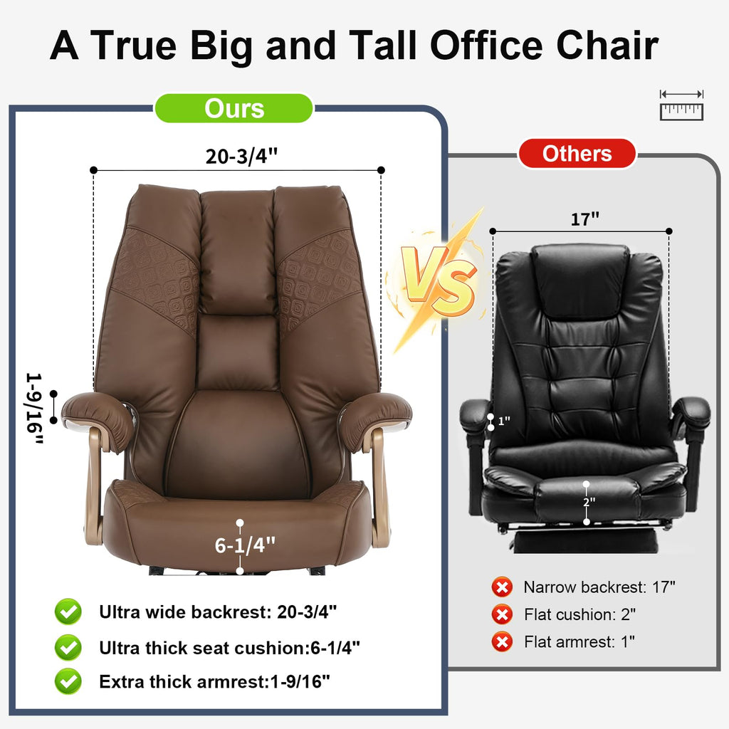 Big and Tall Ergonomic Office Chair with Footrest, 400LBS Capacity Brown PU Leather Z661