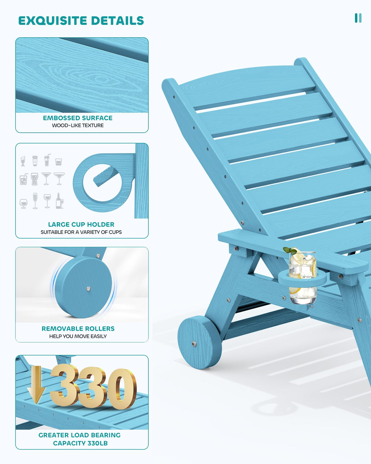Light Blue Outdoor Lounge Chair Set of 2 with Cup Holder V913