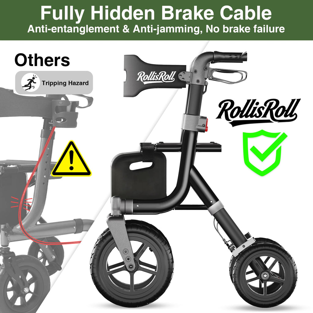 Black Foldable Rollator Walker with Seat, Backrest, 12" Rubber Wheels E45140