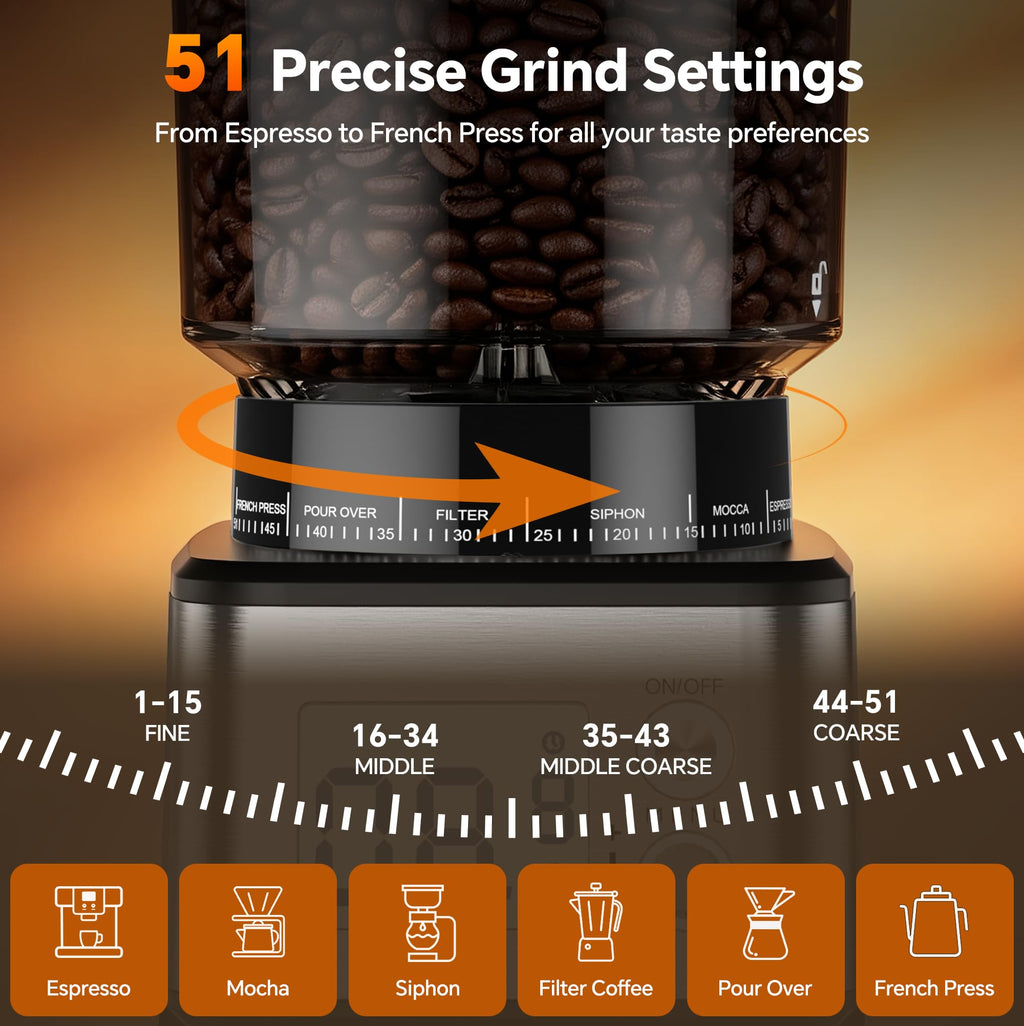 Conical Burr Coffee Grinder, 51 Grind Settings, 1-12 Cups, Stainless Steel M1673