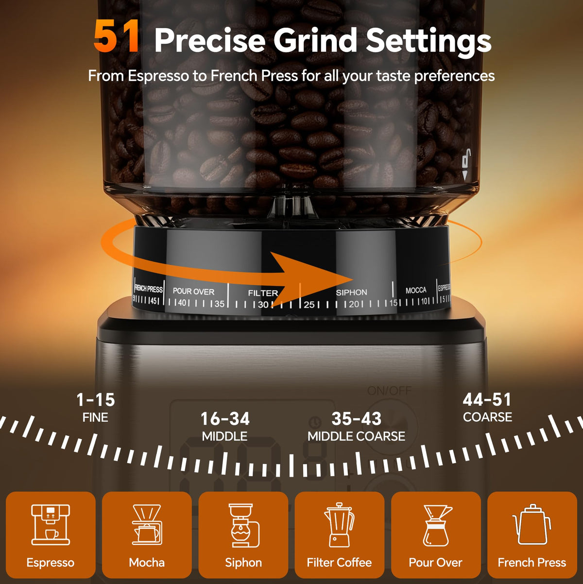 Conical Burr Coffee Grinder, 51 Grind Settings, 1-12 Cups, Stainless Steel M1673