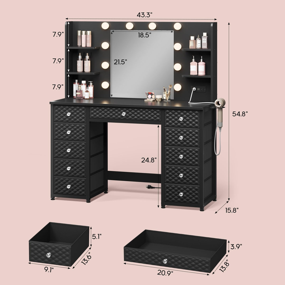 Black Vanity Desk with Mirror and Lights, 11 Drawers Y951