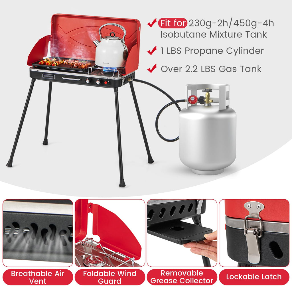 2-Burner Camping Stove with Removable Leg Stand F761366