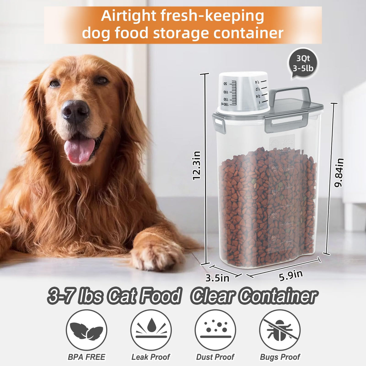 3-5Lbs/3Qt Plastic Pet Food Storage Container with Foldable Bowl G1105