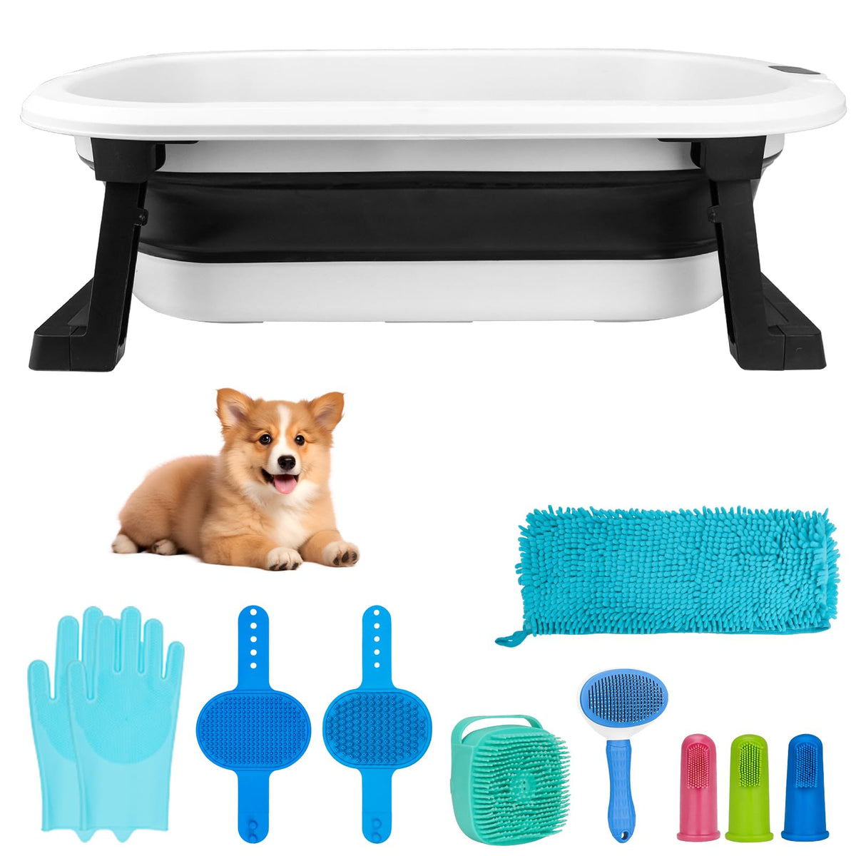 Collapsible Pet Bathtub with Water Drain Plug and Grooming Brush V573