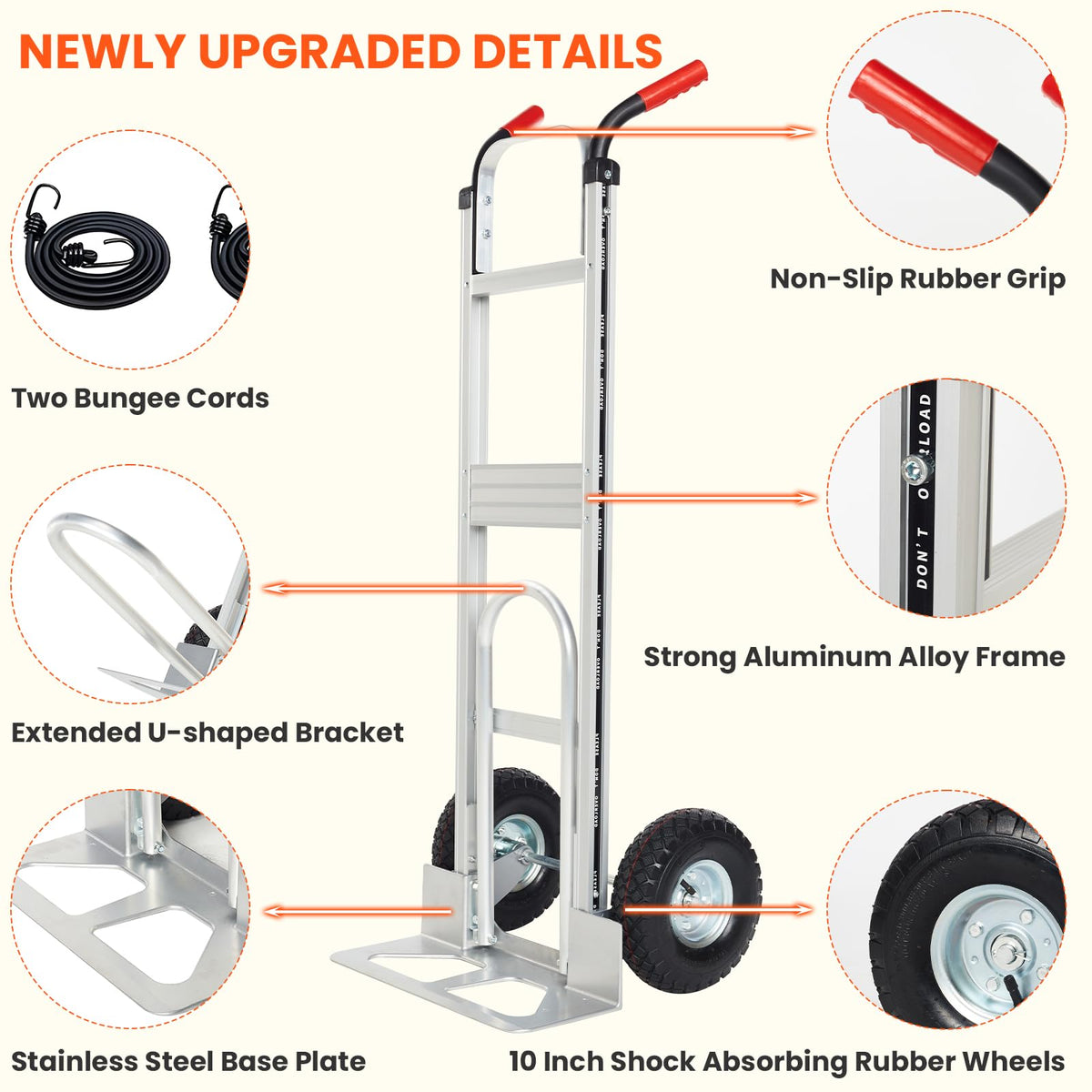 Aluminum Hand Truck Dolly Cart with 10" Pneumatic Tire, 600 LBS Capacity B9384