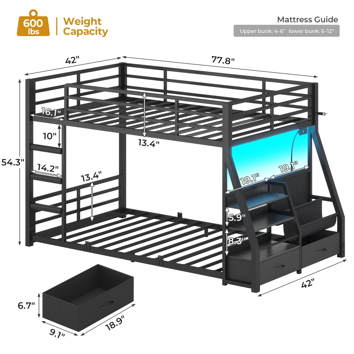 Black Bunk Bed with Bookshelves and Storage Drawers G50318
