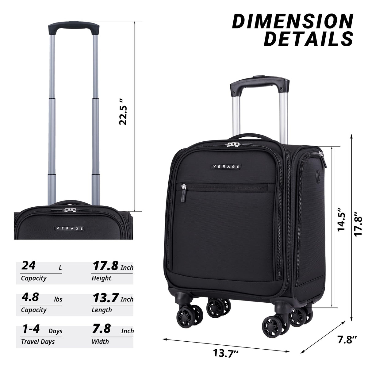 Black 14.5-Inch Spinner Underseat Carry On Luggage G83764