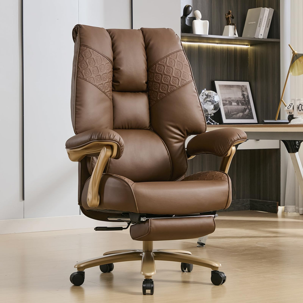 Big and Tall Ergonomic Office Chair with Footrest, 400LBS Capacity Brown PU Leather Z661