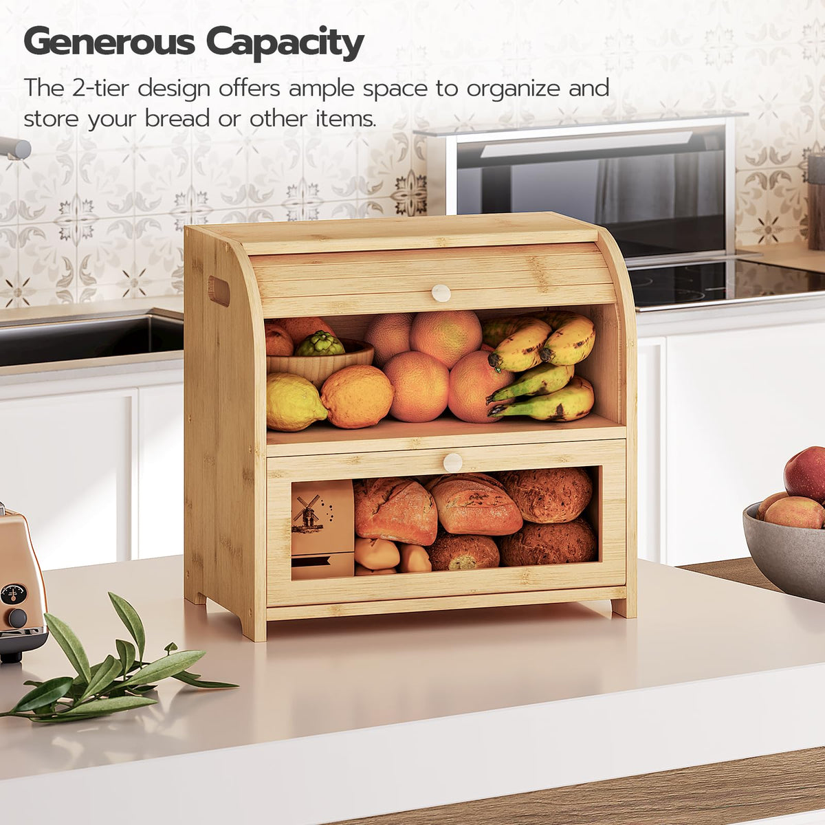 Bamboo 2 Tier Roll-Top Bread Box I877