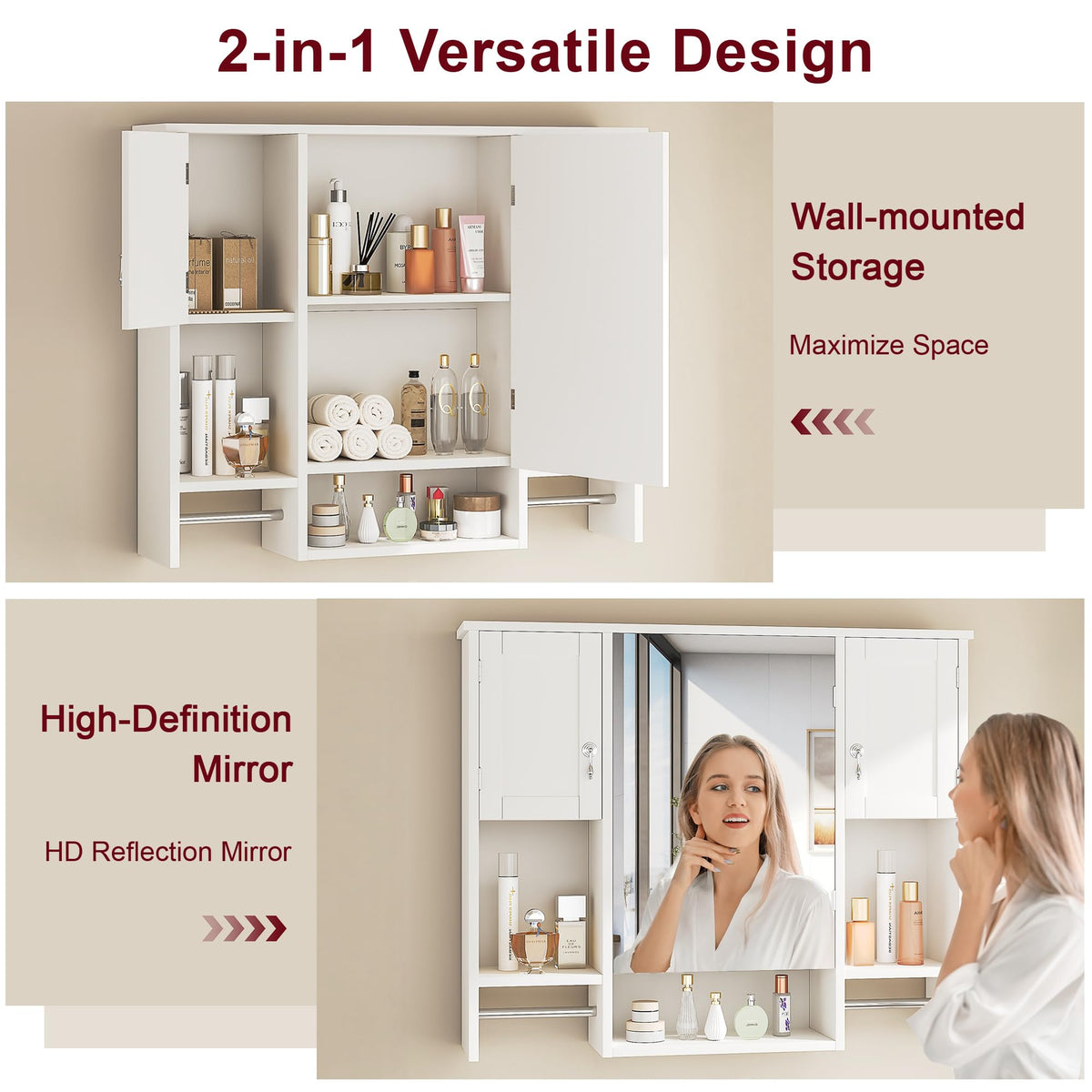 Large White Wall Mounted Bathroom Cabinet with Mirror S6436