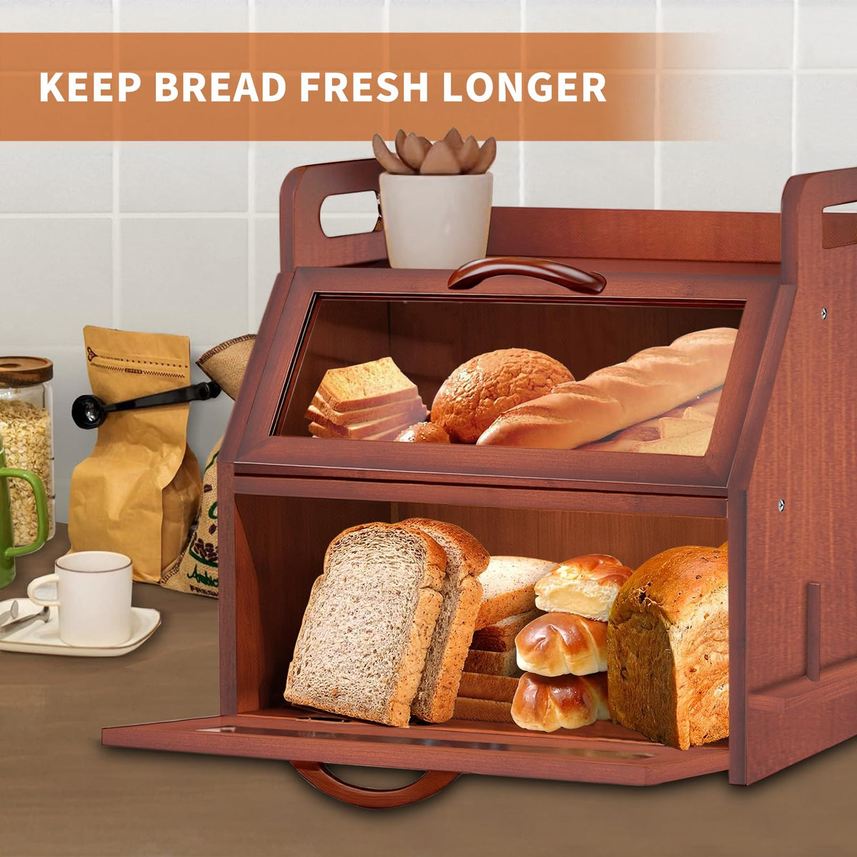 Large Double Layer Bamboo Bread Box with Clear Window U38670