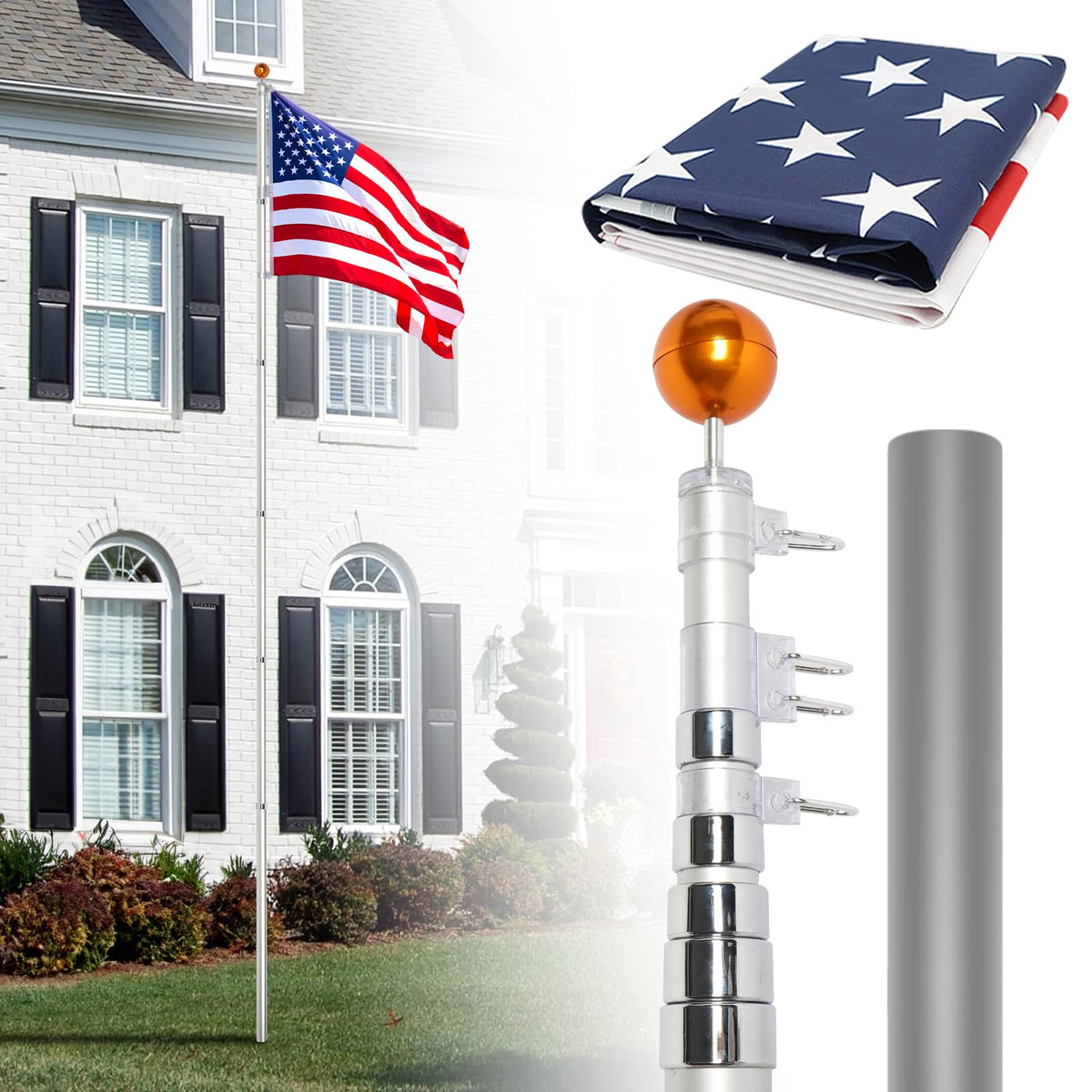 20FT Sectional Heavy Duty Aluminum Flag Pole Kit with 3x5 ft American Flag R748836