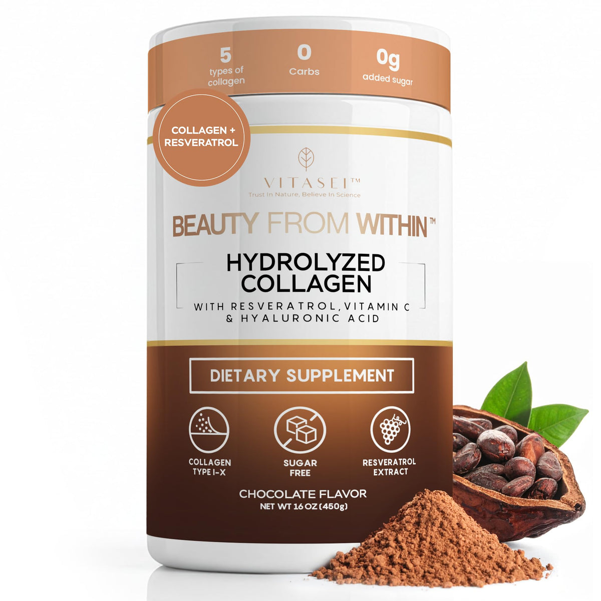 Hydrolyzed Collagen Peptide Powder Drink Chocolate Flavored 16oz V636