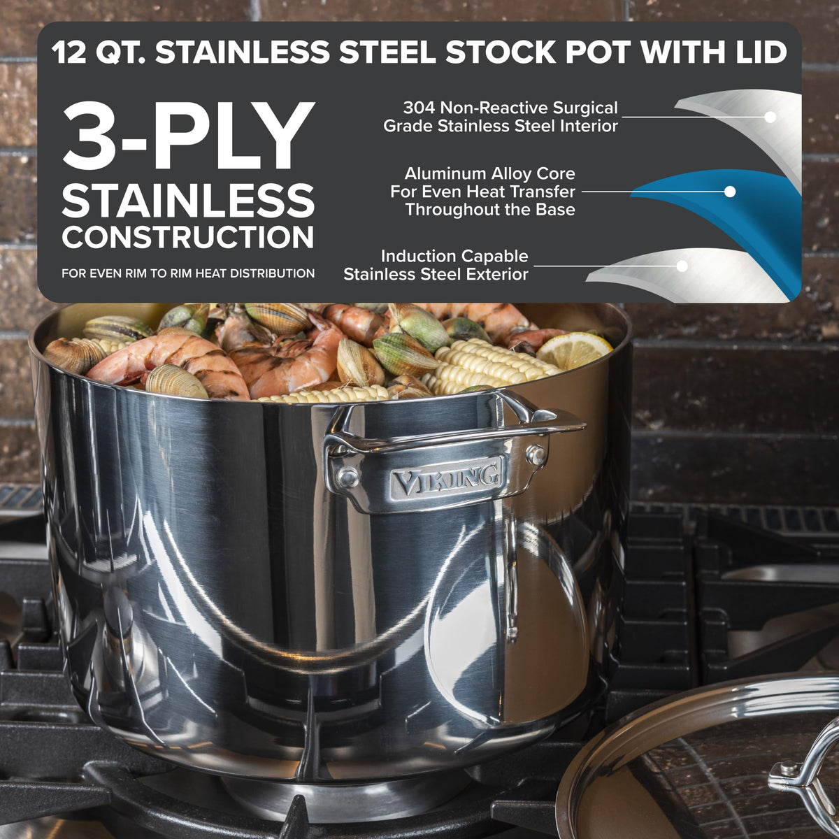 3-Ply Stainless Steel 12 Quart Stock Pot with Lid W52874