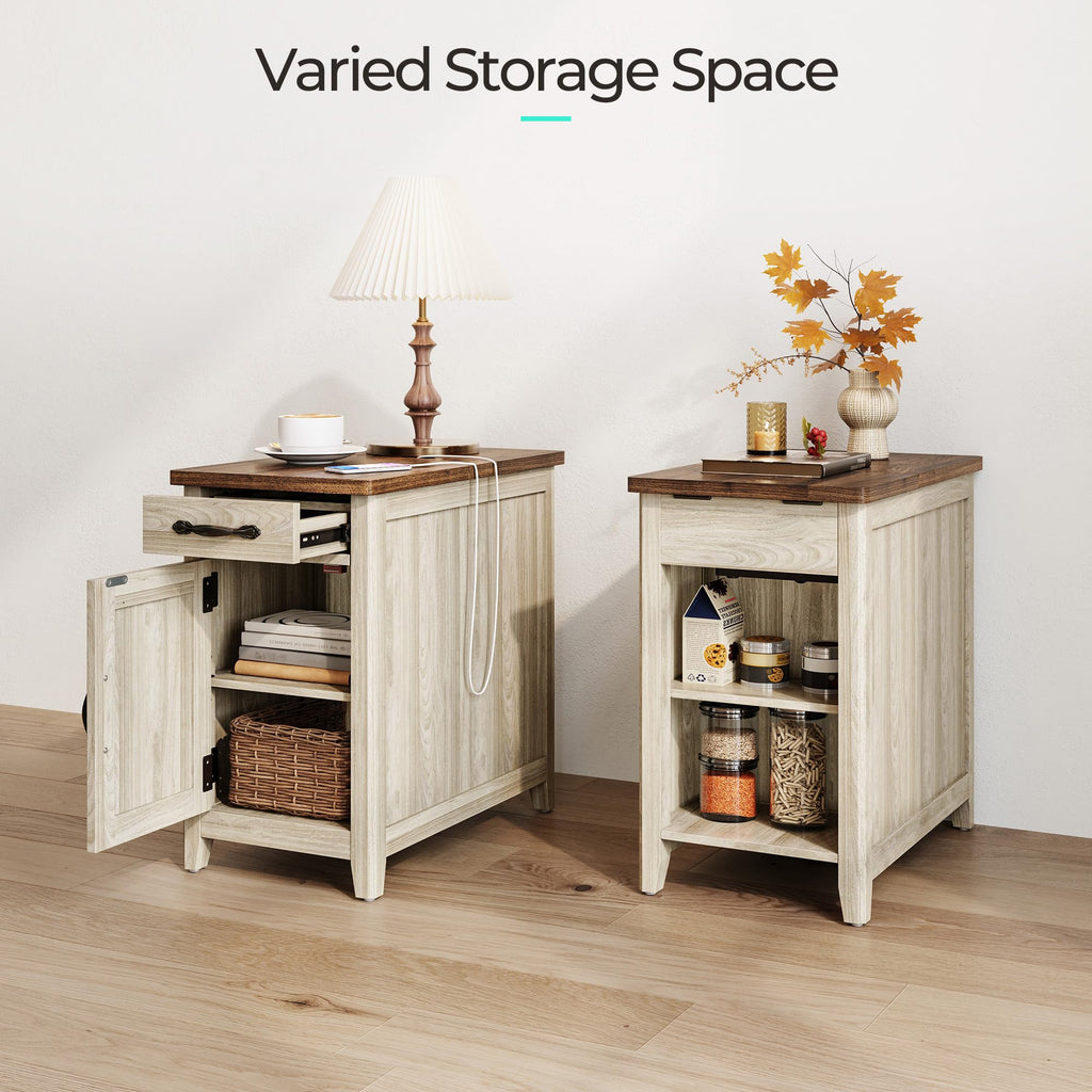 Charging End Table with USB Ports, Wooden Door, Washed Grey M498925