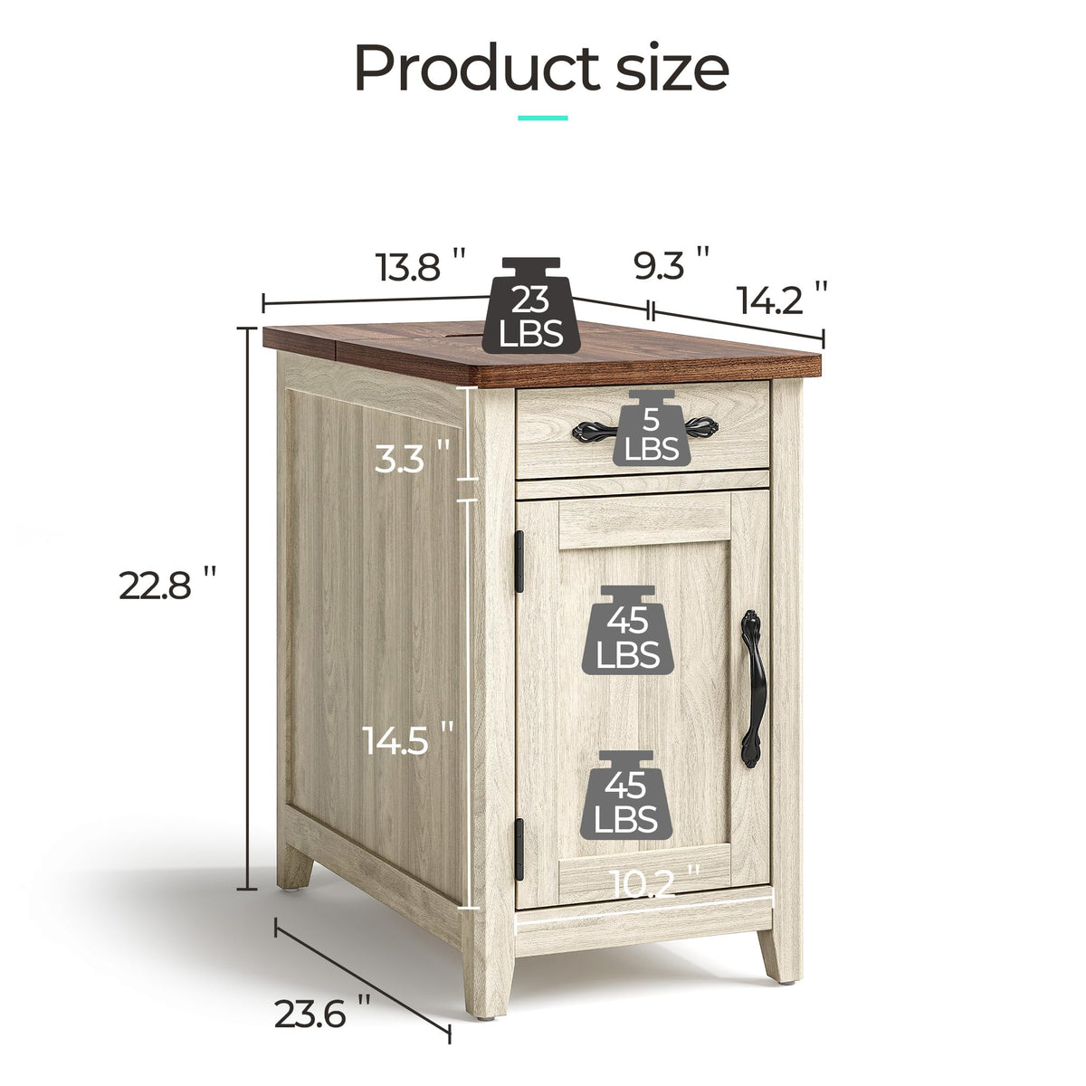 Charging End Table with USB Ports, Wooden Door, Washed Grey M498925