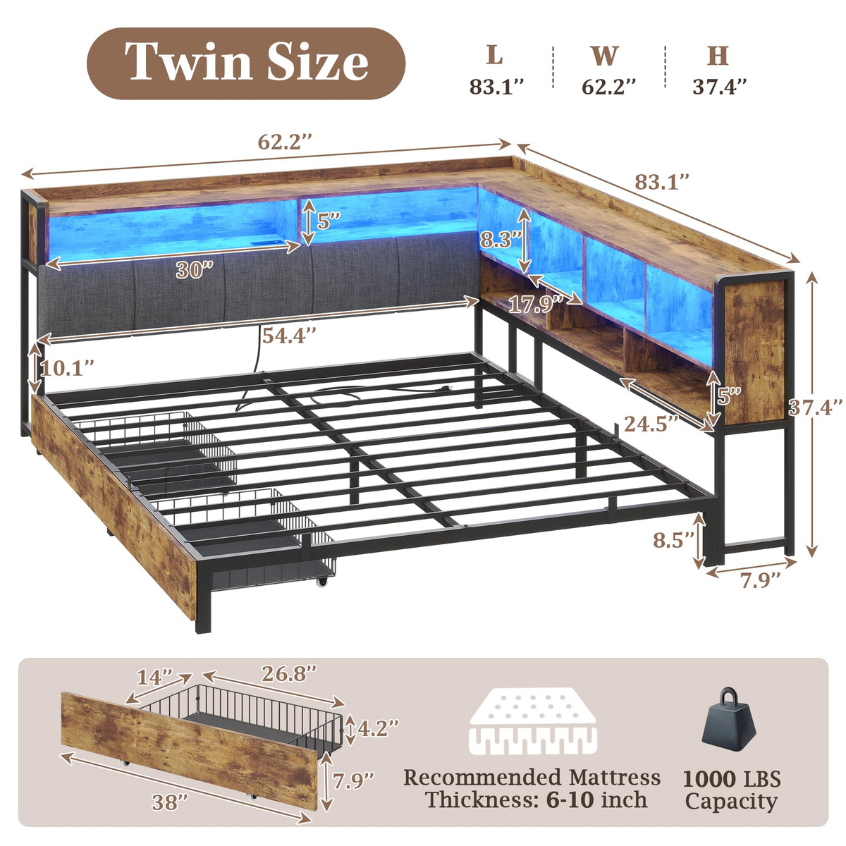 Full Size Corner Bed Frame with Storage and Drawers C2463