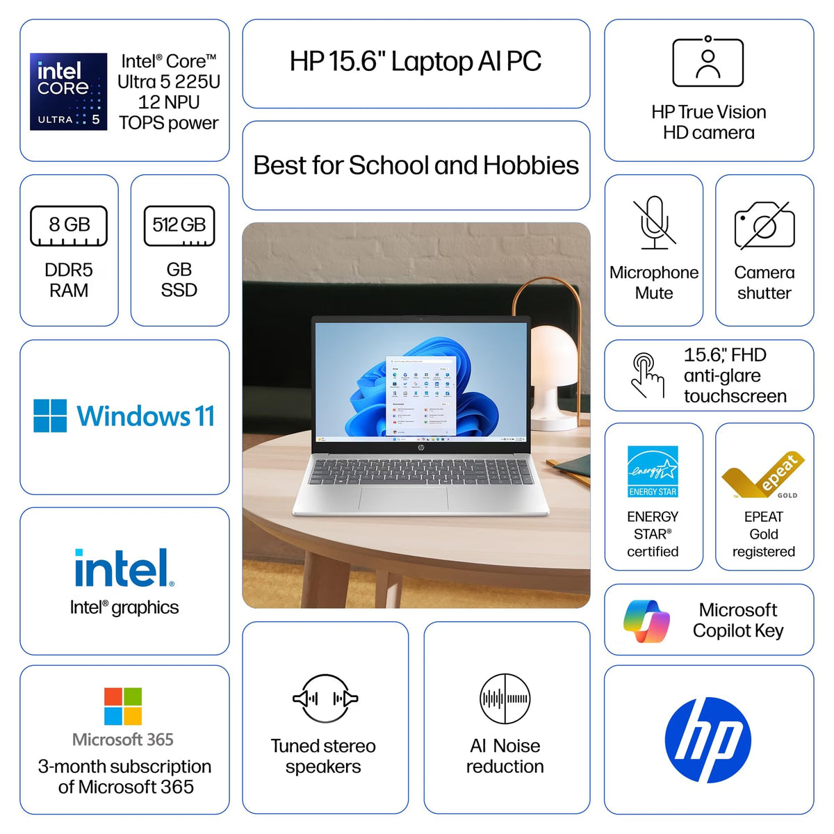 15.6" Full HD Touch Screen Laptop, Intel Core Ultra 5, 8GB RAM, 512GB SSD, Natural Silver P36015