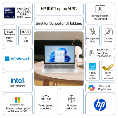 15.6" Full HD Touch Screen Laptop, Intel Core Ultra 5, 8GB RAM, 512GB SSD, Natural Silver P36015