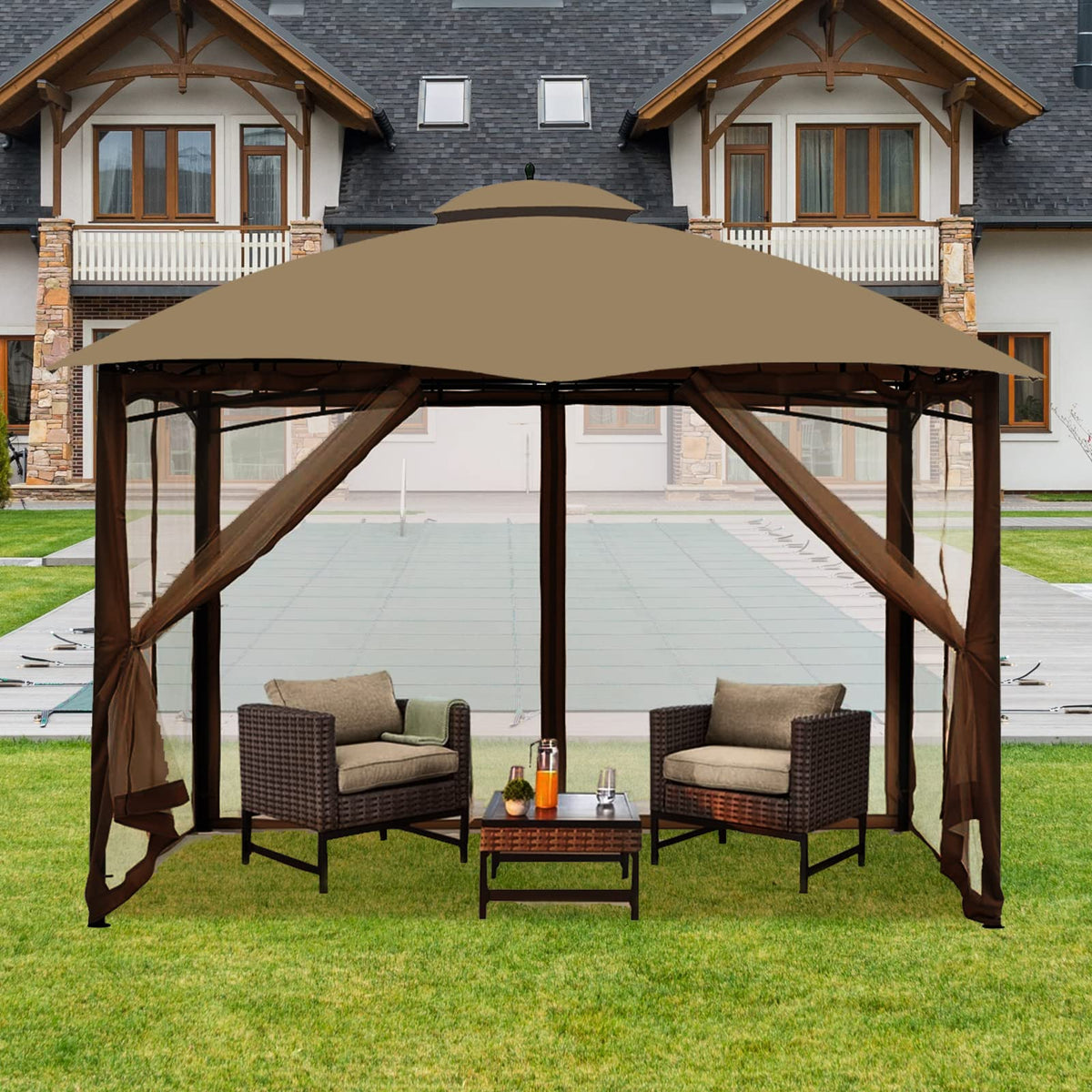 10' x 10' 4-Panel Mosquito Netting Sidewall Curtain with Zipper (Brown) M35964