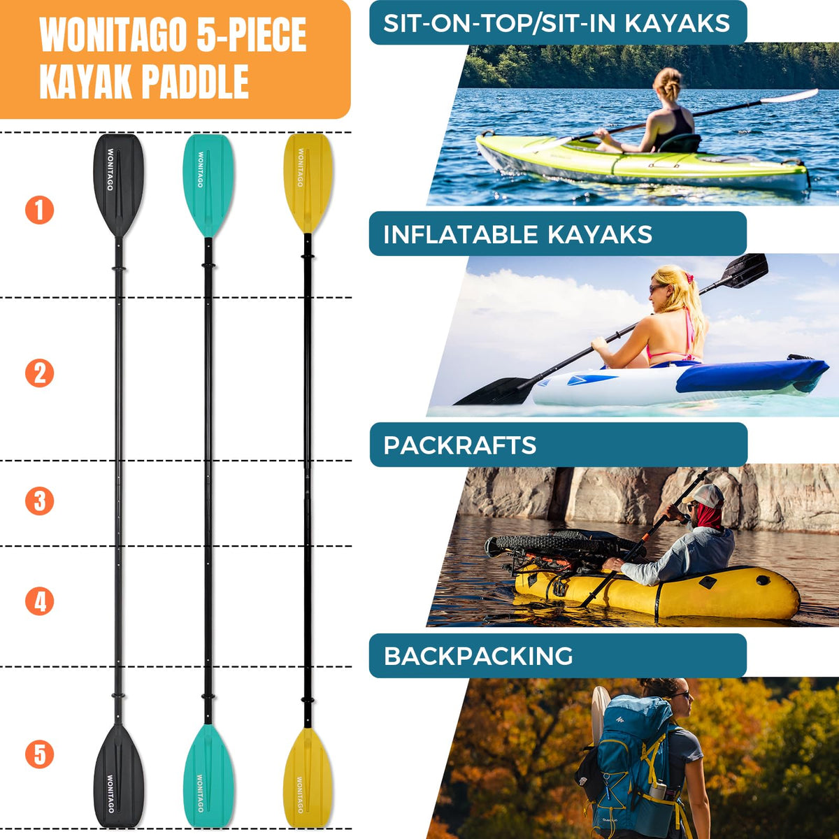 Adjustable Portable 5-Piece Kayak Paddle L296900