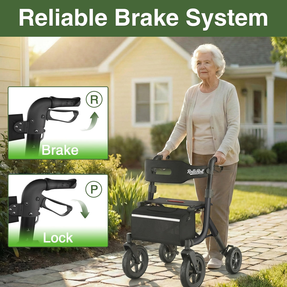Black Foldable Rollator Walker with Seat, Backrest, 12" Rubber Wheels E45140