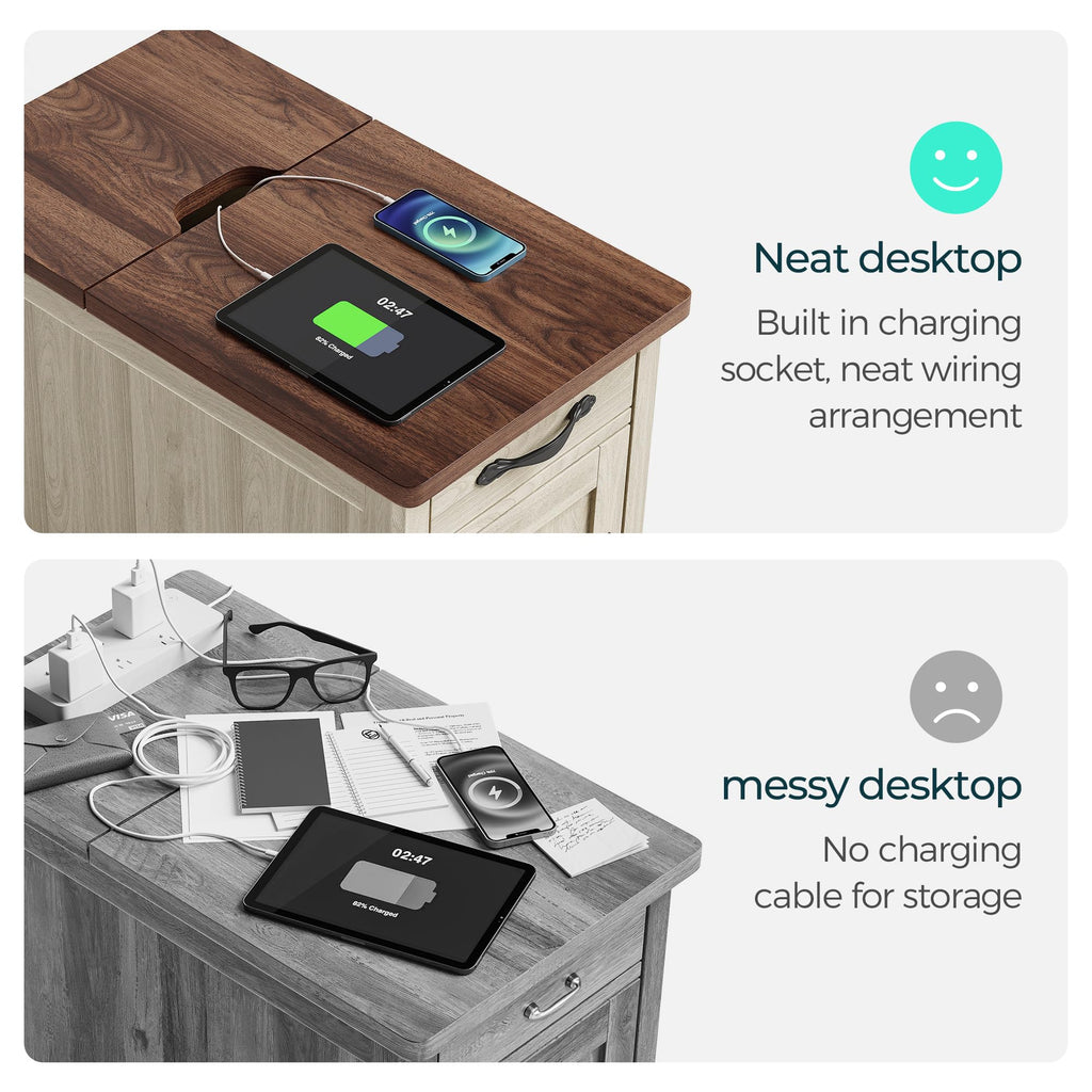 Charging End Table with USB Ports, Wooden Door, Washed Grey M498925